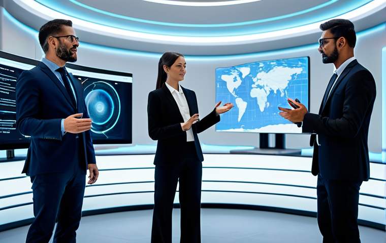 A diverse group of three professional individuals in a futuristic virtual collaboration space, wearing modest business attire. They are fully clothed and actively engaged, interacting with a complex 3D holographic model that floats in the center of the room. One person points at a detail, while another gestures towards an interactive display. The environment is sleek, illuminated by soft, ambient light, conveying innovation and efficiency. The image should have perfect anatomy, correct proportions, well-formed hands, and a natural pose. This is a professional photography, high-quality rendering, safe for work, appropriate content, fully clothed, family-friendly image.