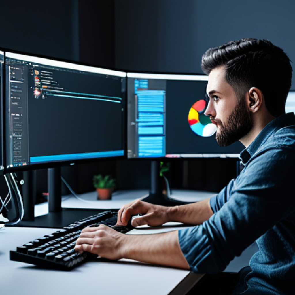 공간 컴퓨팅 기술 개발을 위한 필수 툴 - **A game developer working on Unity, surrounded by monitors displaying code and a 3D model. The scen...