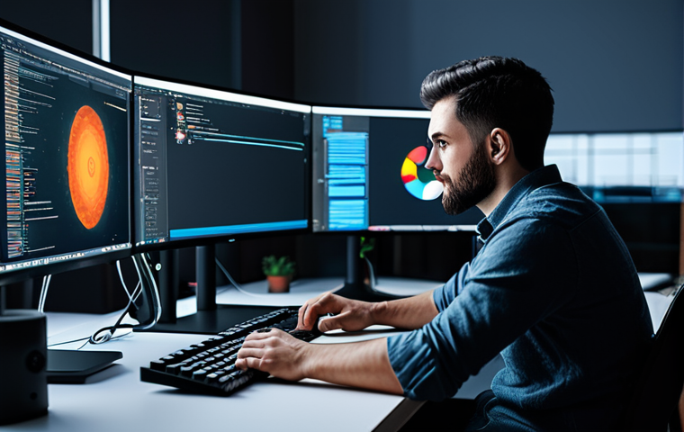 공간 컴퓨팅 기술 개발을 위한 필수 툴 - **A game developer working on Unity, surrounded by monitors displaying code and a 3D model. The scen...