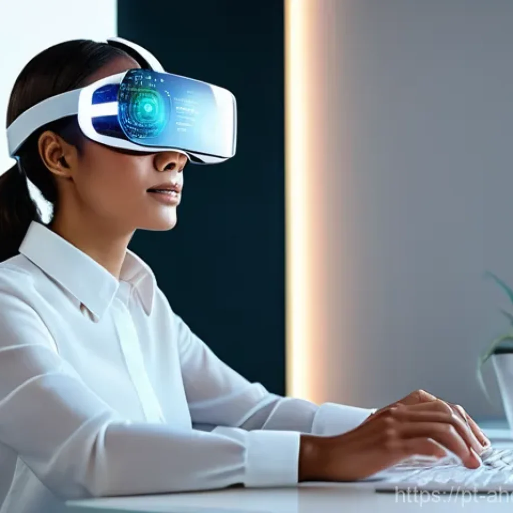 공간 컴퓨팅 기술의 혁신적 접근 사례 - **Mixed Reality for Professional Collaboration:**
"A professional woman, in her late 20s, wearin...