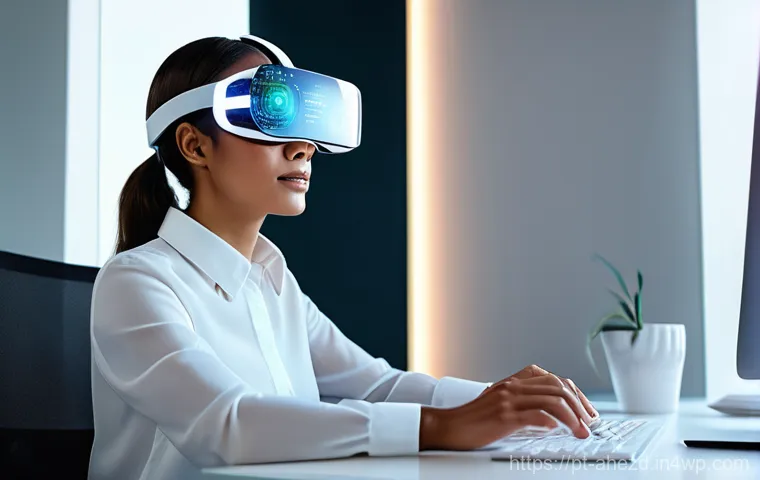 공간 컴퓨팅 기술의 혁신적 접근 사례 - **Mixed Reality for Professional Collaboration:**
"A professional woman, in her late 20s, wearin...