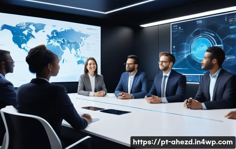 공간 컴퓨팅의 미래에서의 협업 플랫폼 - Global Synchronized Virtual Meeting**
"A diverse team of professionals, including individuals appear...