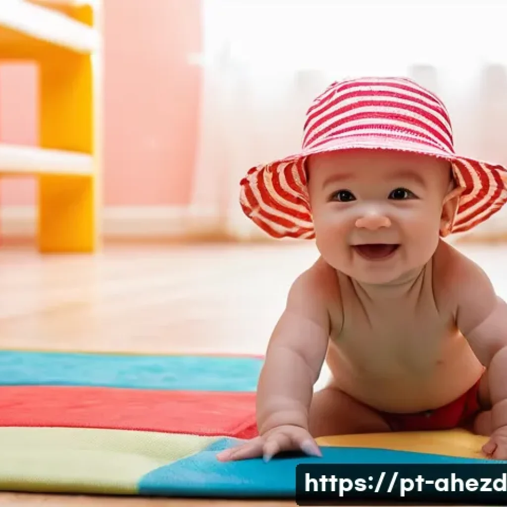 스마트 워크 환경에서의 공간 컴퓨팅 기술 - **Prompt:** A cute baby wearing a diaper and a sun hat, sitting on a colorful playmat indoors. Soft,...