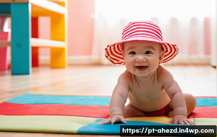 스마트 워크 환경에서의 공간 컴퓨팅 기술 - **Prompt:** A cute baby wearing a diaper and a sun hat, sitting on a colorful playmat indoors. Soft,...