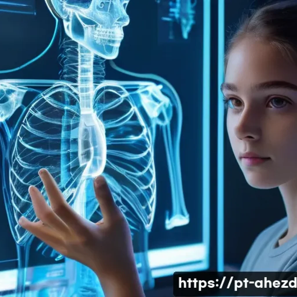 공간 컴퓨팅 기술의 사회적 영향 - **Interactive Anatomy Lesson:**
A highly detailed, realistic image of a curious teenage girl, ap...