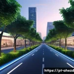 Home 22 공간 컴퓨팅 기술과 환경 지속 가능성 - A futuristic smart city street scene at dusk, featuring adaptive public lighting that adjusts bright...