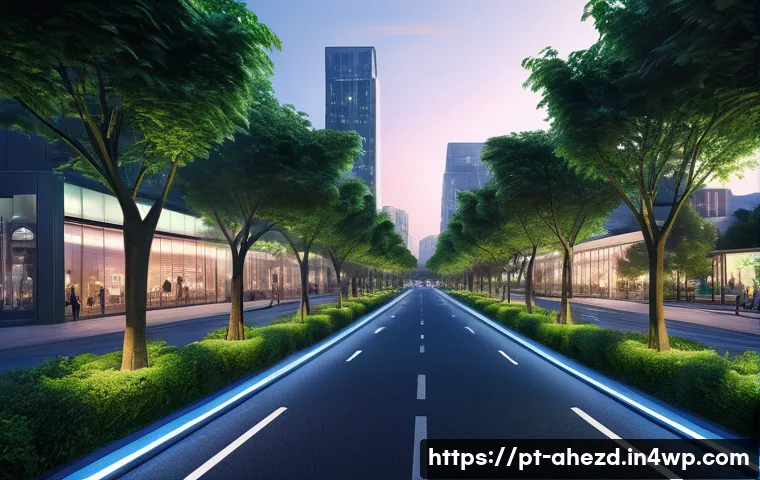 공간 컴퓨팅 기술과 환경 지속 가능성 - A futuristic smart city street scene at dusk, featuring adaptive public lighting that adjusts bright...