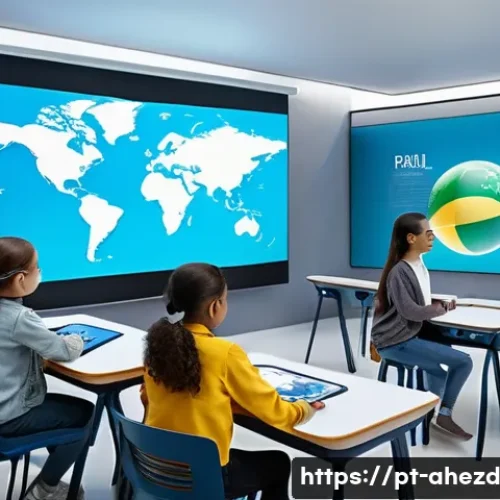 Home 33 공간 컴퓨팅 기술의 국제 협력 사례 - A futuristic international classroom scene showcasing students from Brazil, the USA, and Spain engag...