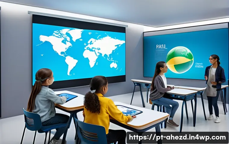 공간 컴퓨팅 기술의 국제 협력 사례 - A futuristic international classroom scene showcasing students from Brazil, the USA, and Spain engag...