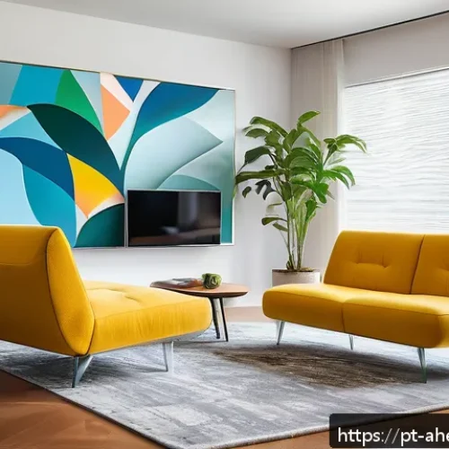 Home 32 공간 컴퓨팅의 대중화에 따른 시장 변화 - A modern Brazilian living room scene with a young adult woman using augmented reality glasses to vis...