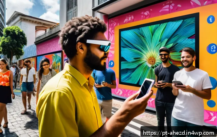 공간 컴퓨팅과 피지컬 컴퓨팅의 융합 - A modern Brazilian street scene in São Paulo featuring pedestrians using augmented reality glasses a...